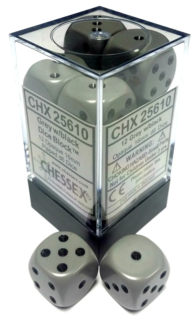 Chessex: Opaque Dark Grey/Black Set of 12 D6 Dice