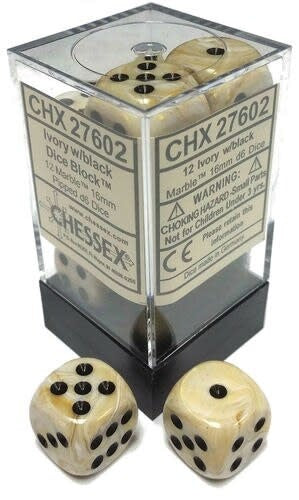 Chessex: Marble Ivory/Black Set of 12 D6 Dice
